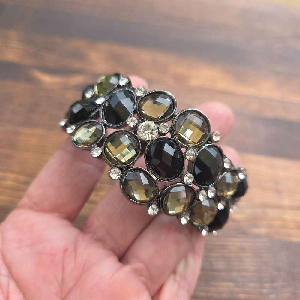 Vintage Gunmetal Rhinestone Hinged Bangle Bracelet Black Smoky Crystal